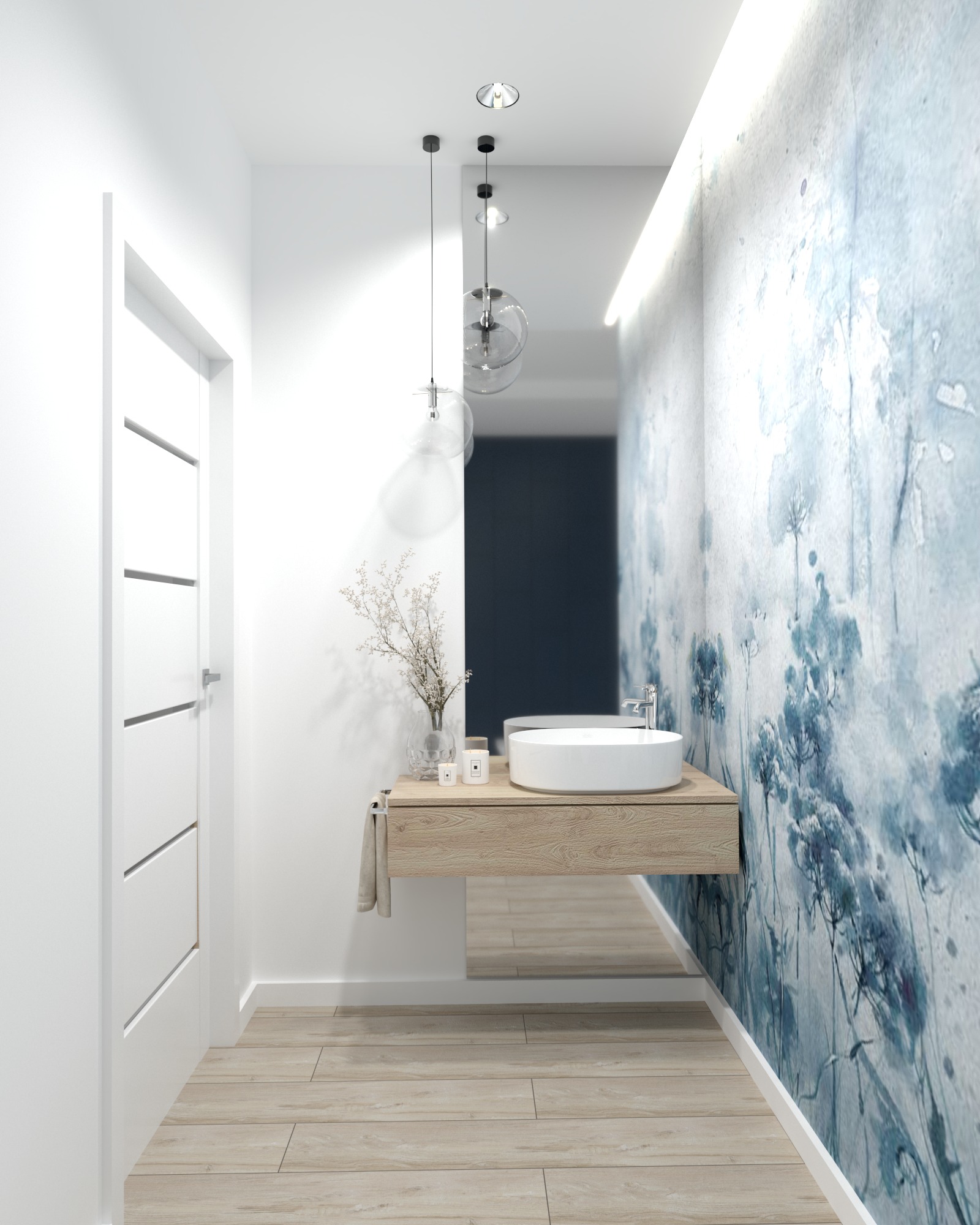 Nowoczesna łazienka w domu jednorodzinnym: wisząca szafka z umywalką nablatową, ściana z motywem akwarelowych kwiatów, drewnopodobna podłoga, szklane lampy wiszące.
