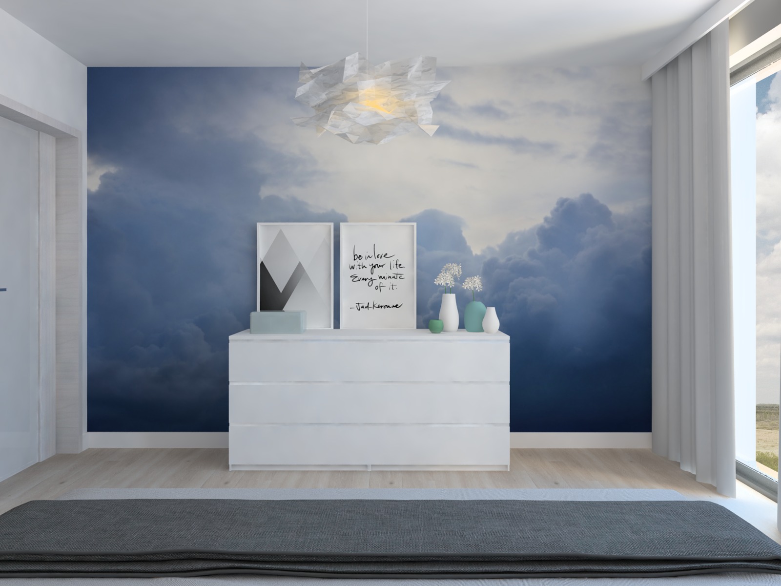Sypialnia w domu jednorodzinnym z komodą, plakatami w białych ramkach i lampą sufitową w kształcie chmury na tle fototapety z motywem nieba.