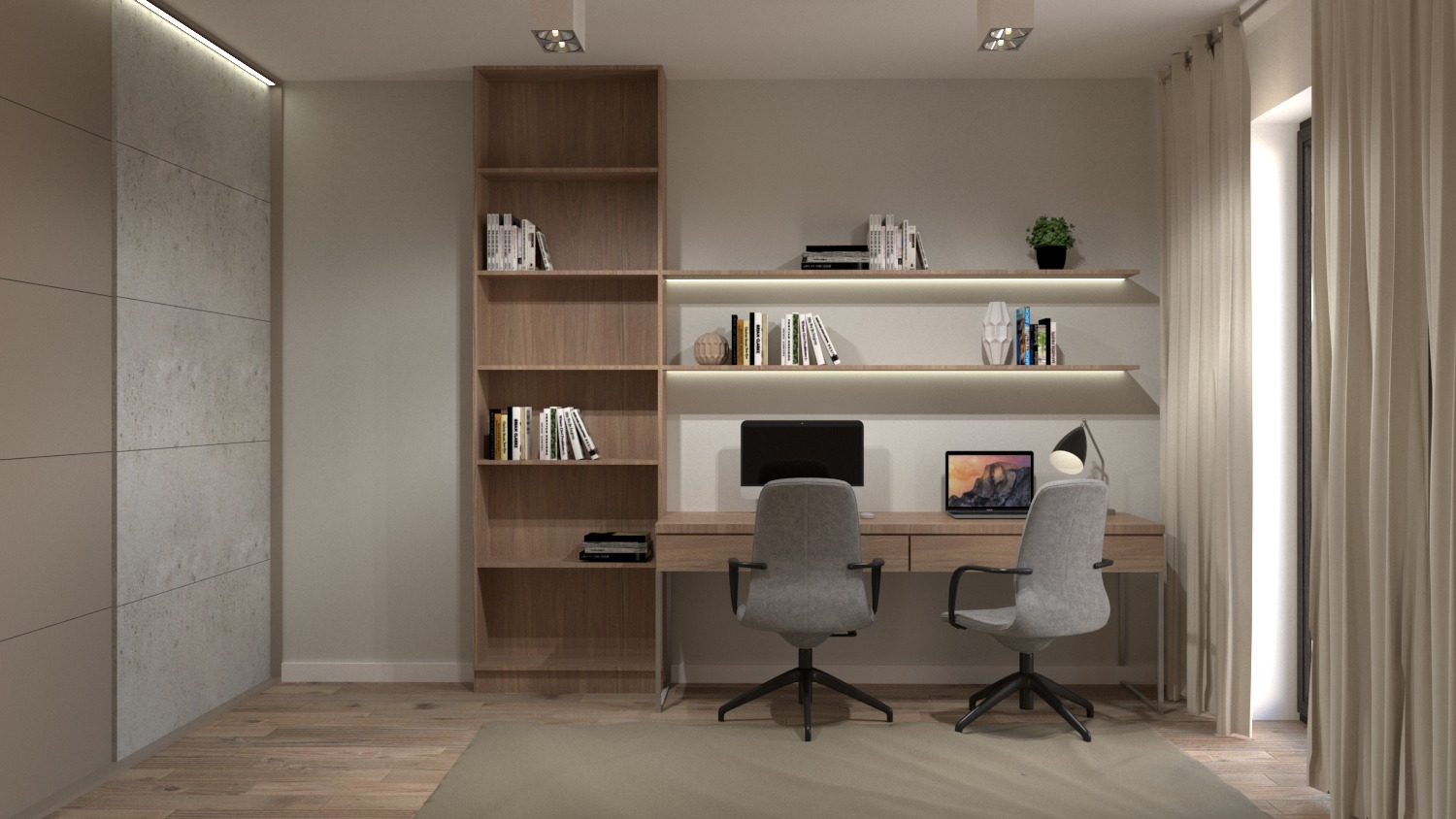 Wizualizacja gabinetu z dwoma stanowiskami pracy: drewniane biurko z szufladami, szare krzesła obrotowe, regał z książkami, oświetlenie LED pod półkami, zasłonięte okno.