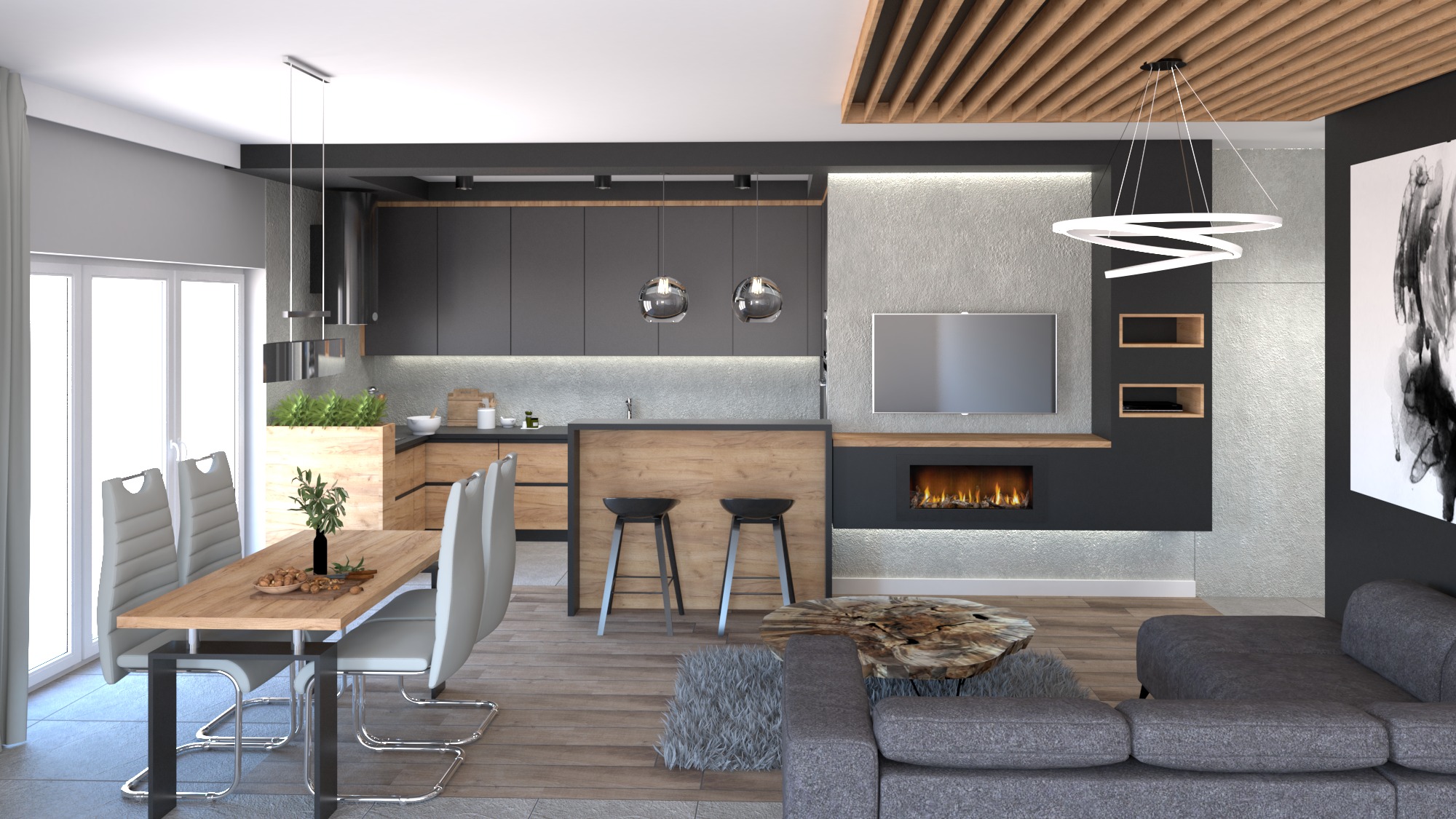 Projekt salonu i kuchni - dom jednorodzinny 02