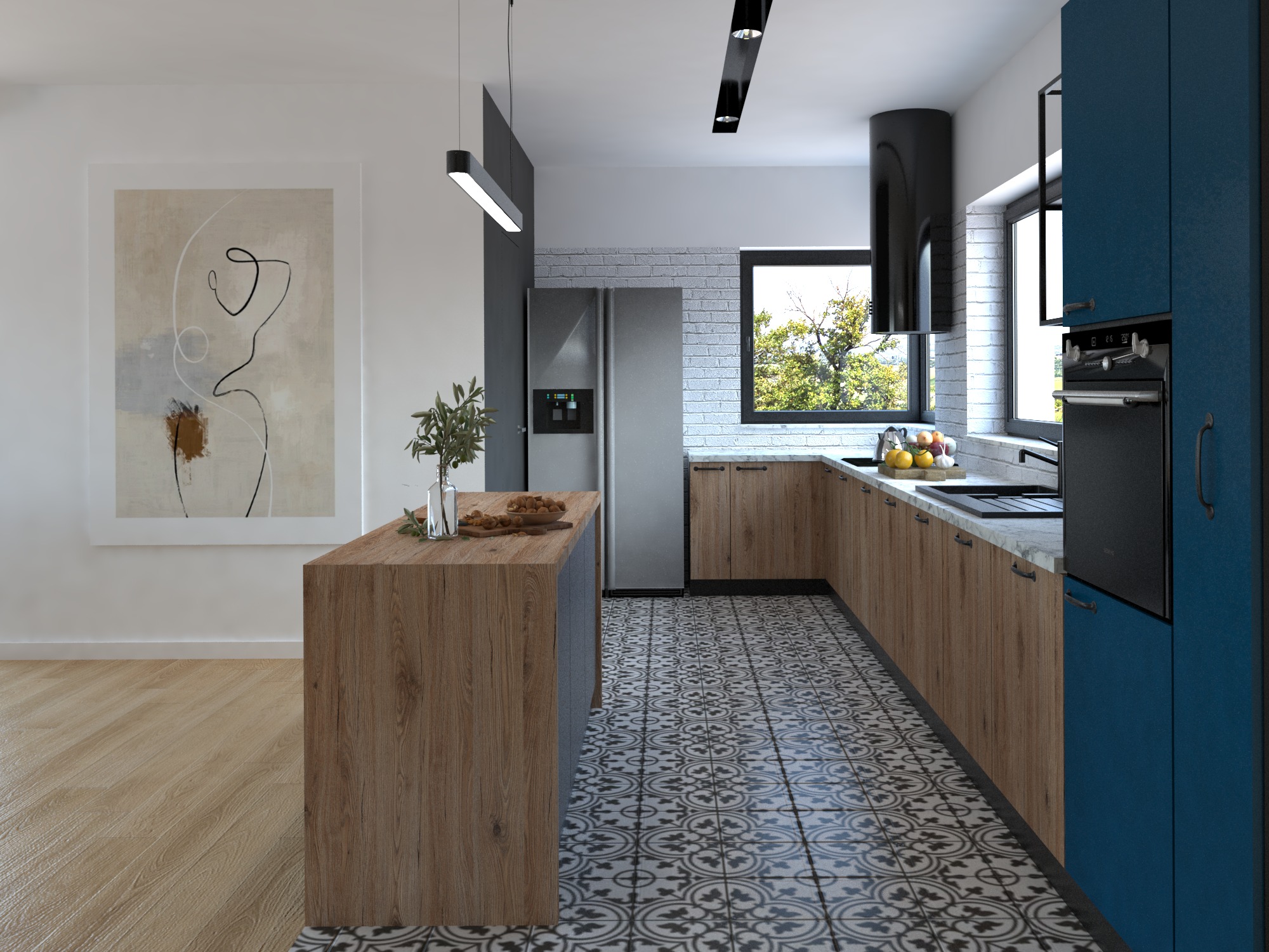 Wnętrze nowoczesnej kuchni z drewnianą wyspą, marmurowym blatem i niebieskimi szafkami, oświetlonej wiszącymi lampami i z wzorzystą podłogą.