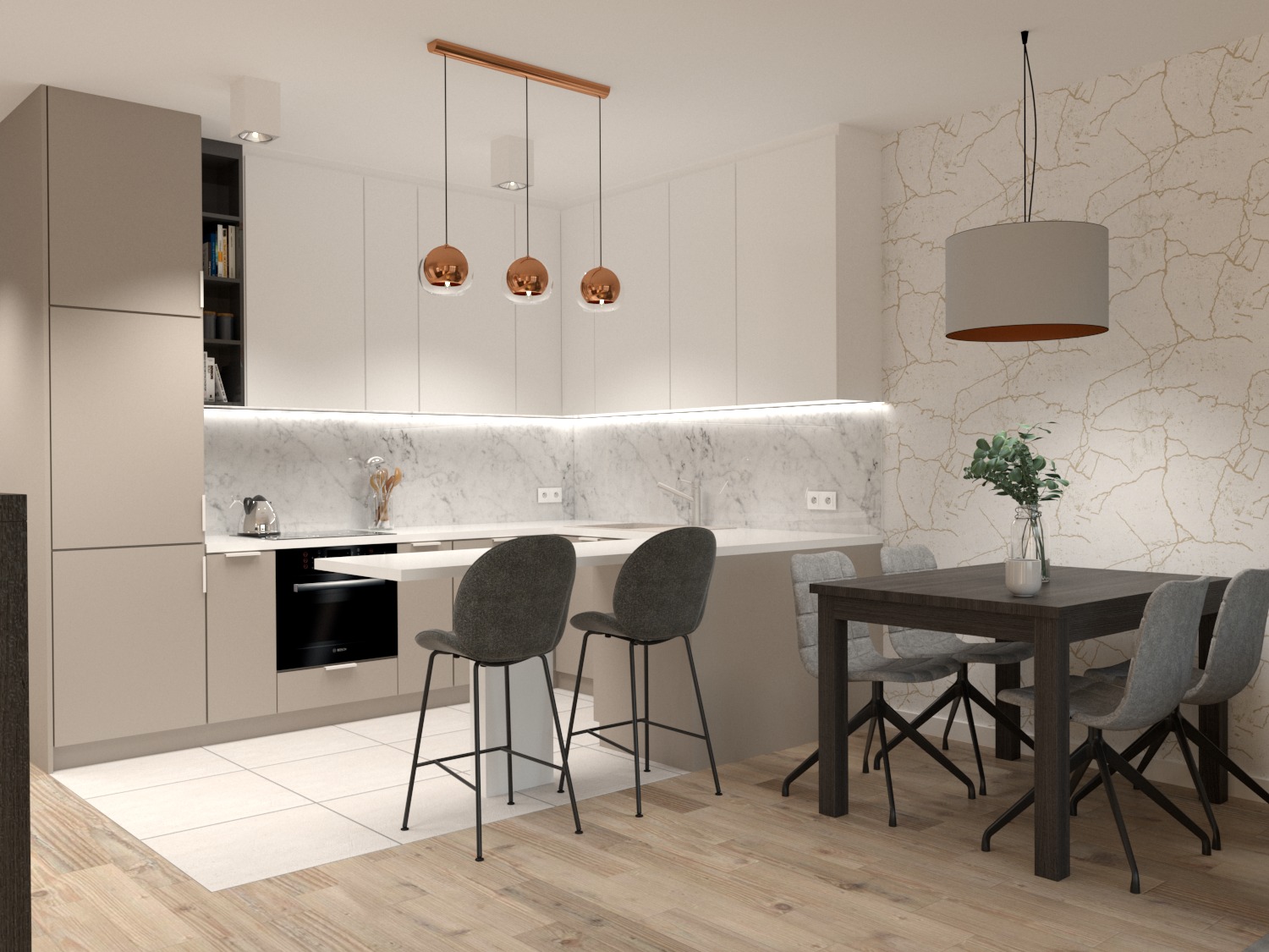 Wizualizacja nowoczesnej kuchni z wyspą i jadalnią, marmurowy backsplash, trzy miedziane lampy wiszące nad wyspą, stół z czterema krzesłami, dekoracyjna tapeta w tle.