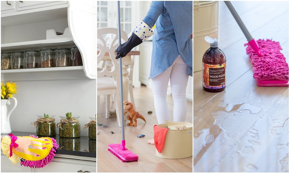 Kolaż: czyszczenie kuchni, mopowanie podłogi z zabawkami, płyn do podłóg i mokra podłoga. Różne etapy sprzątania mieszkania.