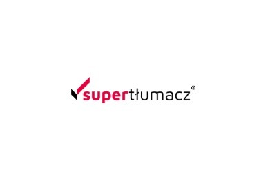 Logo firmy 'super tłumacz' z czerwonym symbolem ptaszka i czarnym napisem na białym tle.