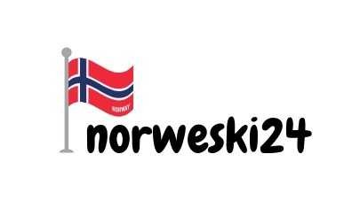 Flaga Norwegii na maszcie obok napisu 'norweski24' wykonanego czarną, zaokrągloną czcionką.