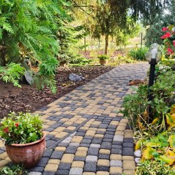 Bartek Clean - Ścieżka z kostki brukowej w odcieniach szarości i beżu, wijąca się przez zielony ogród z drzewami iglastymi i kwiatami w donicach. Widok z perspektywy pieszego.