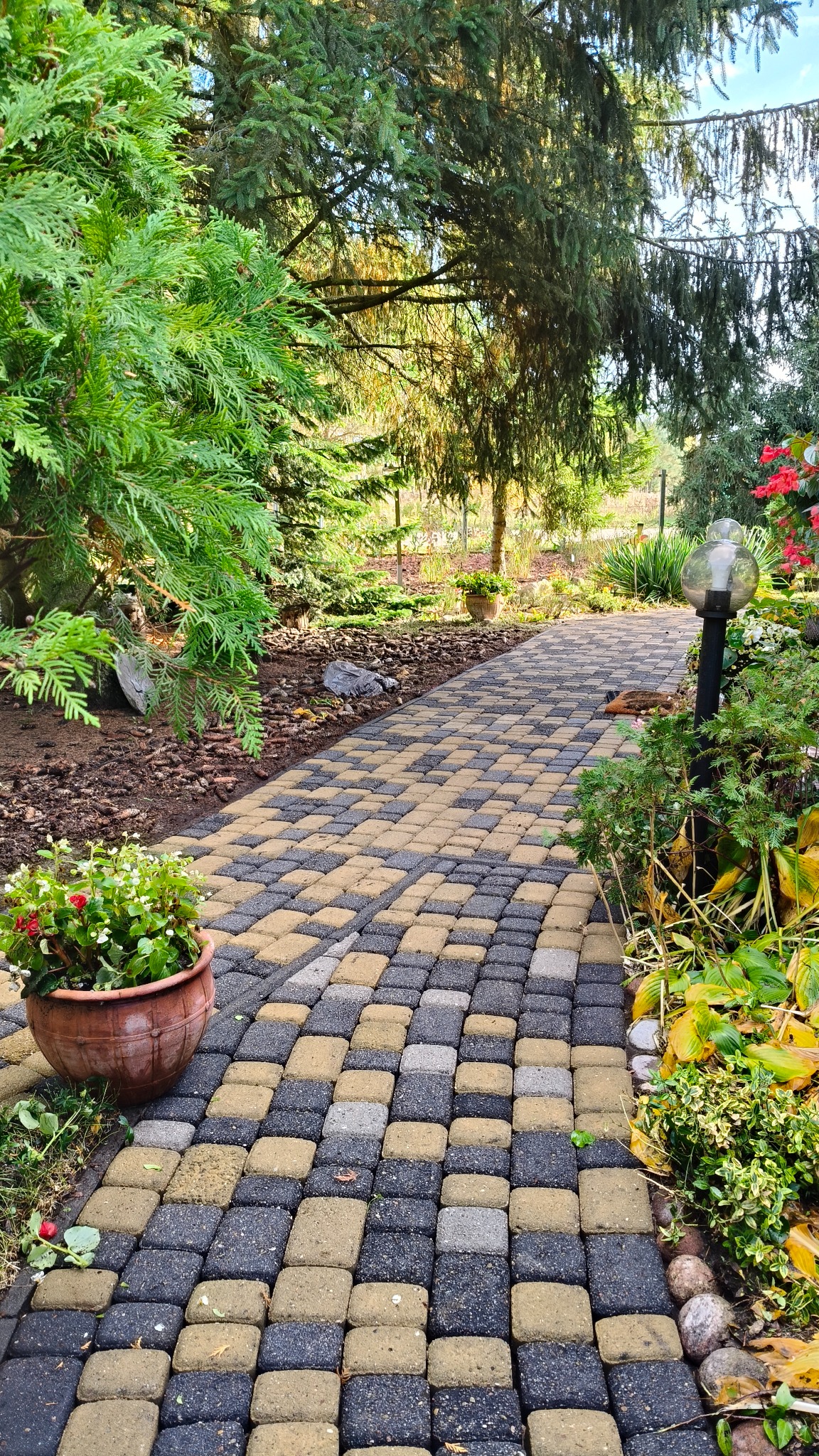 Ścieżka z kostki brukowej w odcieniach szarości i beżu, wijąca się przez zielony ogród z drzewami iglastymi i kwiatami w donicach. Widok z perspektywy pieszego.