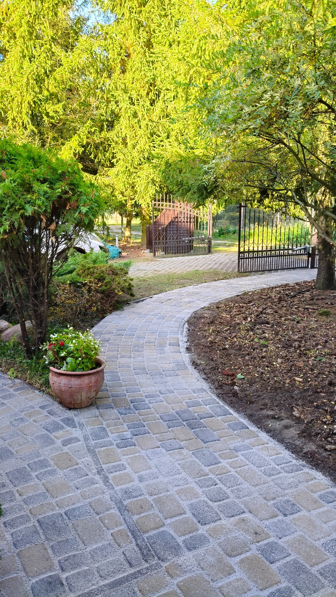 Ścieżka z kostki brukowej w ogrodzie, prowadząca do furtki. Po lewej stronie donica z kwiatami, po prawej rabata z korą. Ujęcie w słoneczny dzień.