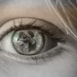 Zbliżenie na oko z odbiciem całującej się pary w tęczówce, włosy blond w prawym górnym rogu.