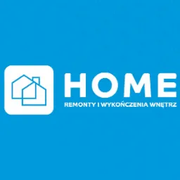 Logo firmy remontowej HOME na błękitnym tle z powtarzającym się motywem domu, przedstawiające dwa zarysy domów w białym kwadracie o zaokrąglonych rogach oraz biały napis HOME i pod nim REMONTY...