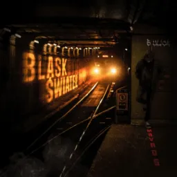 Mroczna wizualizacja stacji metra w Leśniewie z nadjeżdżającym pociągiem i napisem 'Blask świateł' na ścianie, obok stoi postać w kapturze.