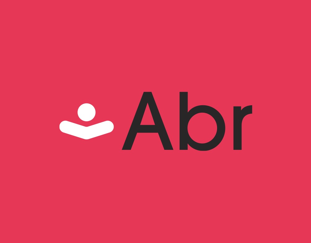 Minimalistyczne logo firmy 'Abr' na różowym tle, z unikalnym symbolem graficznym przypominającym stylizowaną osobę lub ikonę lokalizacji.