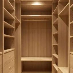 Wnętrze garderoby z jasnego drewna, z półkami i szufladami, oświetlona punktowym światłem sufitowym.