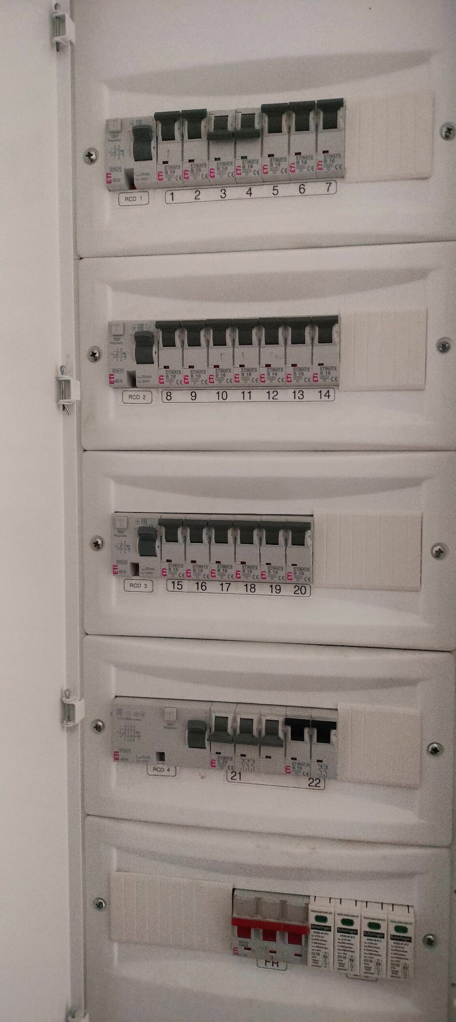 Rozdzielnica elektryczna z bezpiecznikami i wyłącznikami różnicowoprądowymi, widoczne oznaczenia RCD 1-4 i numery obwodów. Biała obudowa, szare przełączniki.