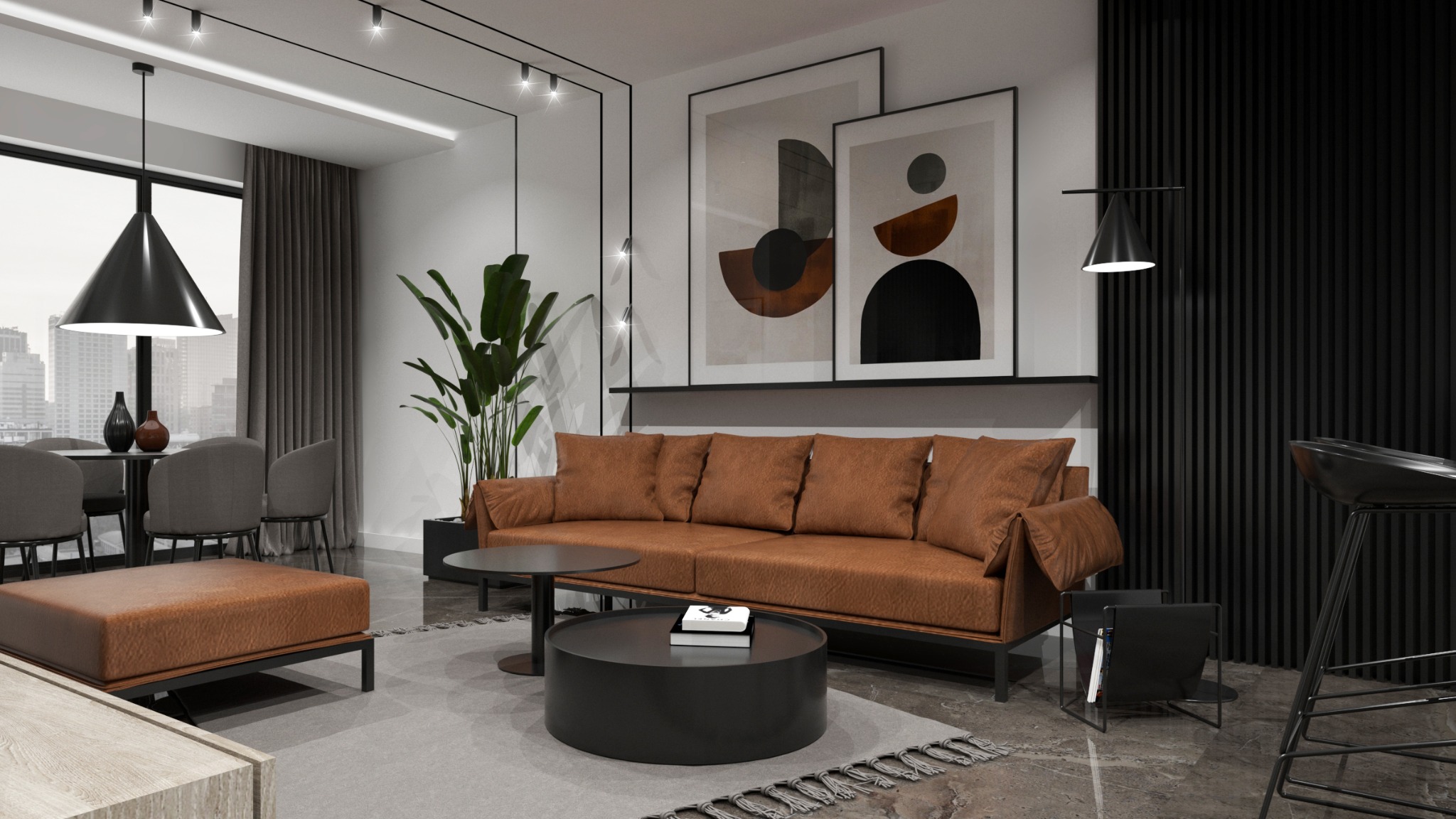 Nowoczesny salon z brązową sofą, okrągłym czarnym stolikiem kawowym, dywanem z frędzlami i abstrakcyjnymi obrazami na ścianie, oświetlony wiszącymi lampami i lampą podłogową.