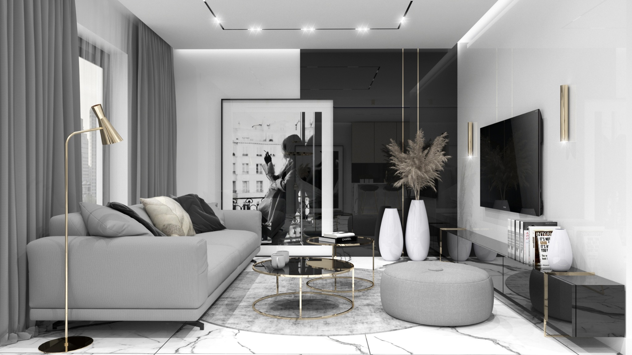 Elegancki salon w odcieniach szarości i bieli z akcentami złota, marmurowa podłoga, sofa z poduszkami, stoliki kawowe z metalowymi nogami, puf, telewizor na ścianie, dekoracyjne wazony i trawy...