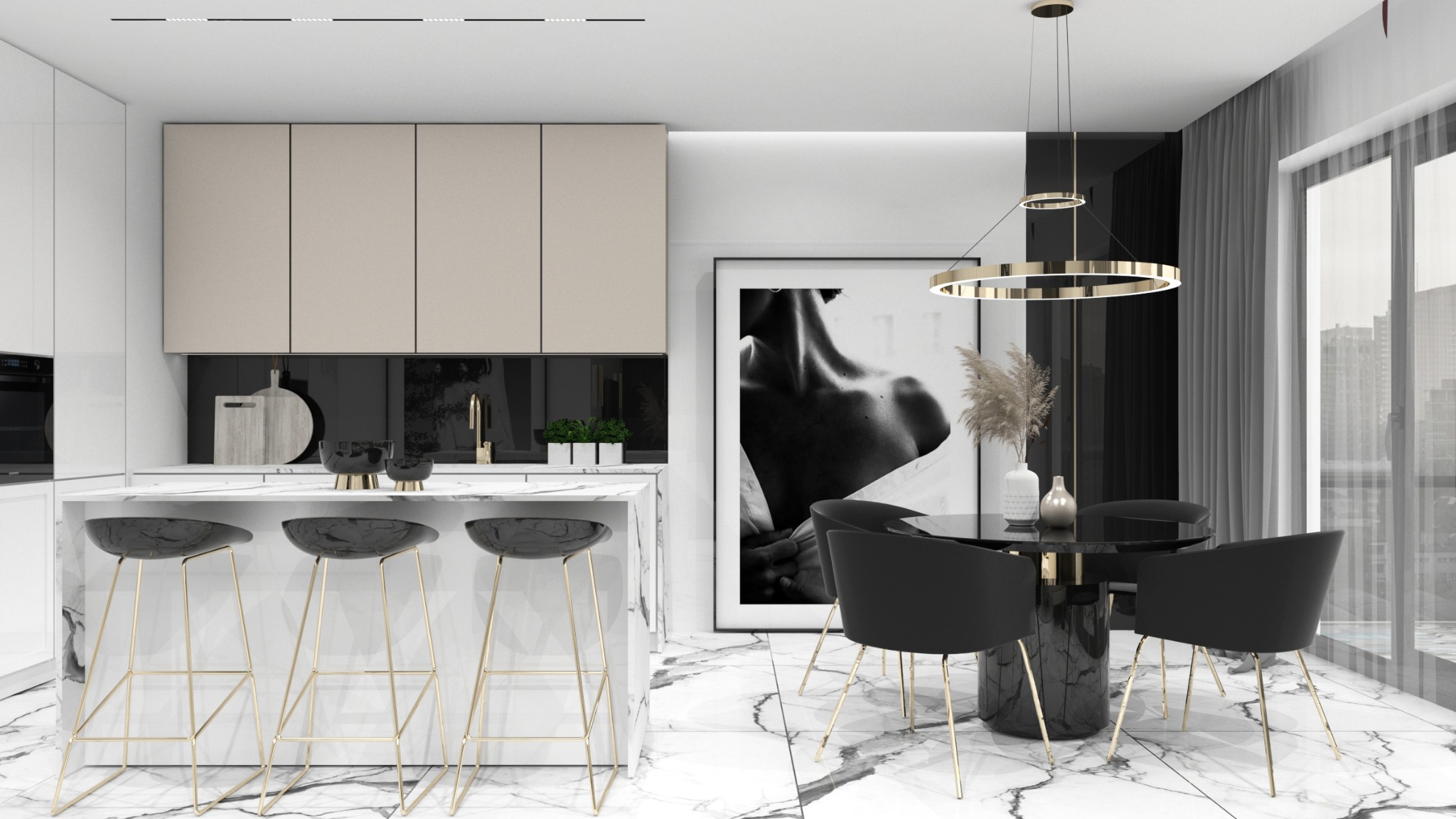 Elegancka, nowoczesna jadalnia z marmurową podłogą i wyspą kuchenną, czarne krzesła z złotymi nogami, okrągły stół z czarnym blatem i marmurową podstawą, abstrakcyjny obraz na ścianie, oświetlenie...