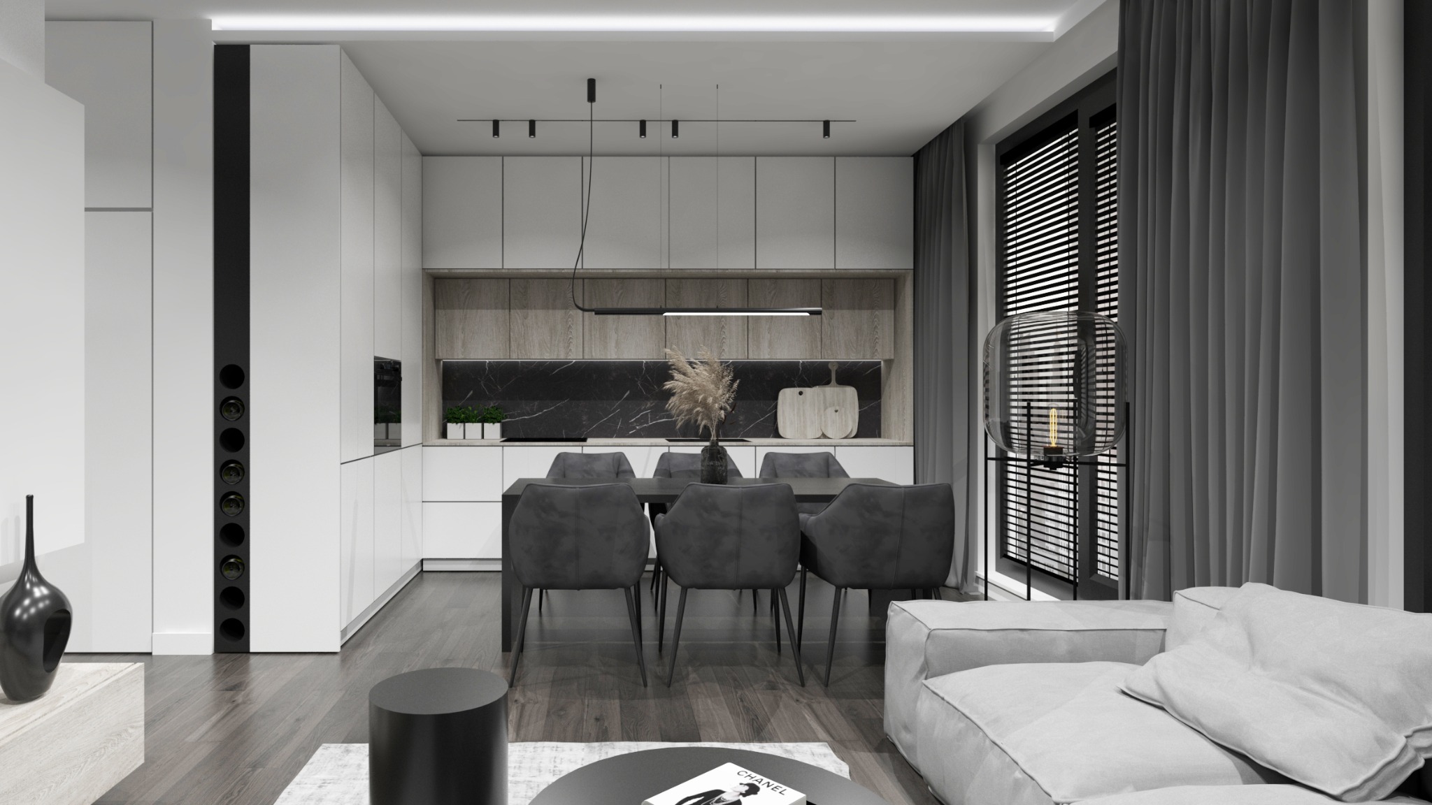 Nowoczesne wnętrze w odcieniach szarości i bieli: stół jadalny z krzesłami, minimalistyczna kuchnia z czarnym blatem, sofa z poduszkami i lampa podłogowa przy oknie z żaluzjami.