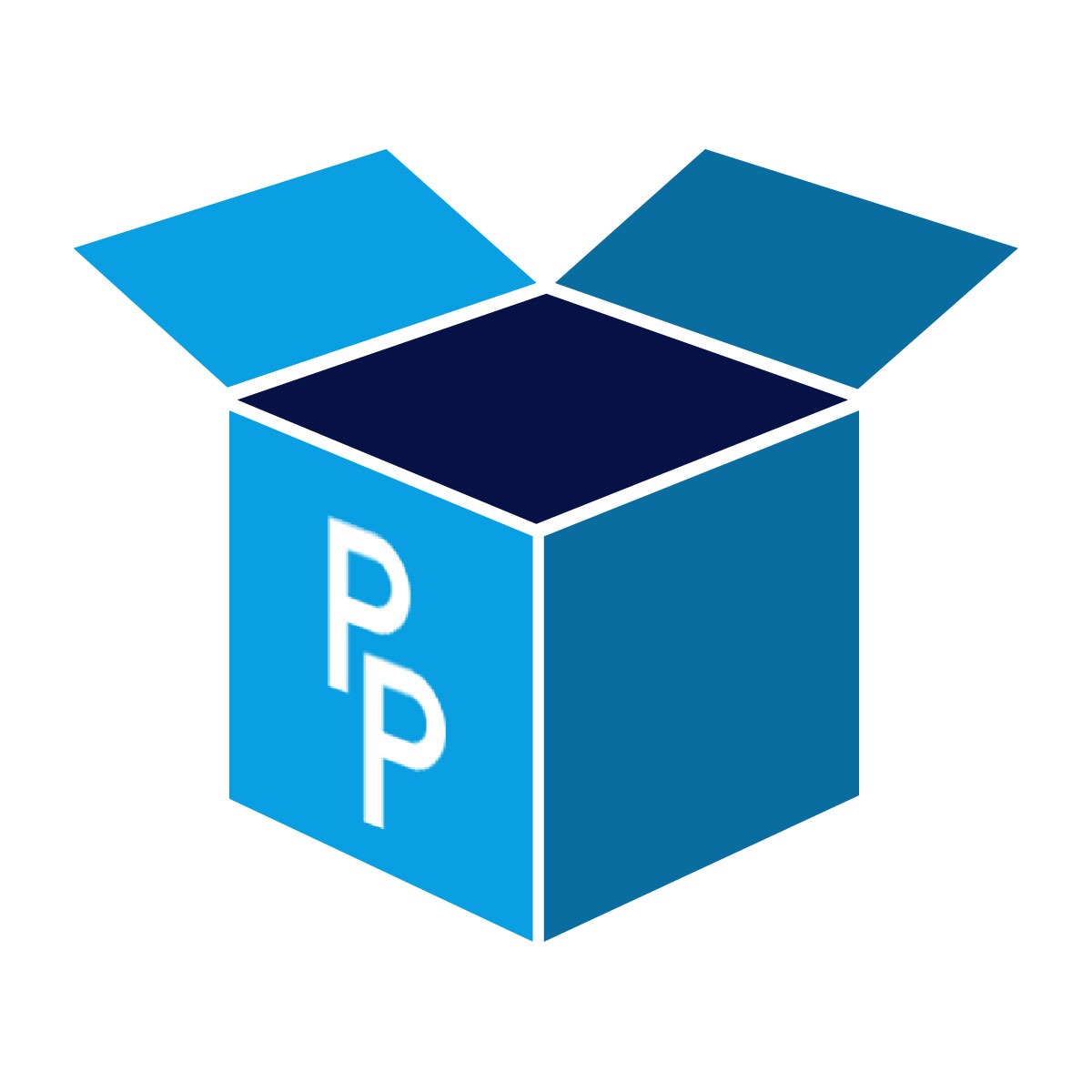 Grafika przedstawia otwarte, niebieskie pudełko z białym logo 'PP' na boku, symbolizujące usługi transportowe w Gdańsku.