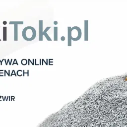 Projekt baneru dla TokiToki.pl prezentujący żółtą łyżkę koparki zagłębiającą się w górę szarego kruszywa, w tle logo i hasło firmy oferującej kruszywa online.