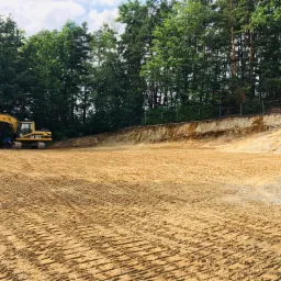 Żółta koparka CAT 320 BL na wyrównanym, piaszczystym terenie z widocznymi śladami gąsienic, w tle zielony las i skarpa z ziemi.