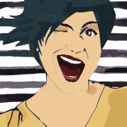 Ilustracja wektorowa uśmiechniętej kobiety z krótkimi, ciemnymi włosami, mrugającej jednym okiem, na tle poziomych pasów.