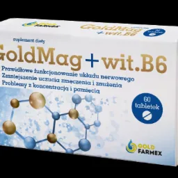 Opakowanie suplementu diety GoldMag + wit. B6 w białym pudełku z niebiesko-złotą grafiką molekularną i informacjami o produkcie.