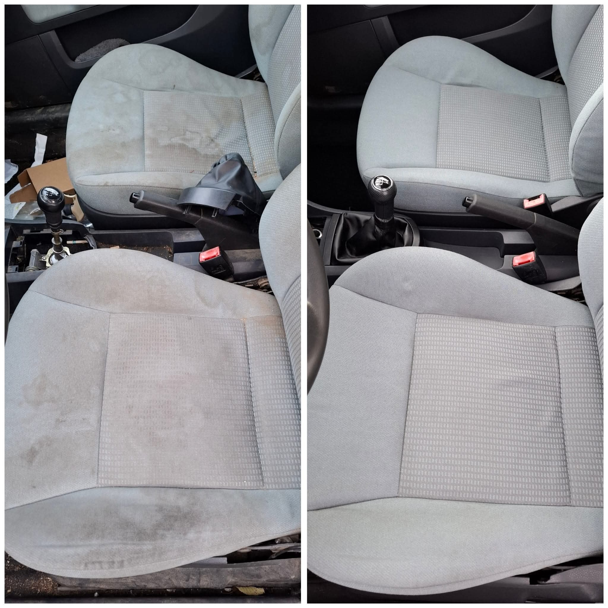 Tapicerka samochodowa przed i po czyszczeniu. Widoczne zabrudzenia i efekt po usunięciu plam, z zachowaniem detali faktury materiału.