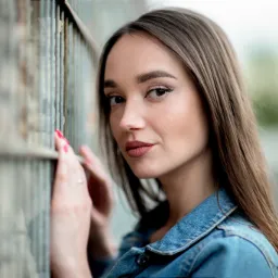 Portret młodej kobiety w dżinsowej kurtce, pozującej przy metalowej konstrukcji z czerwonymi paznokciami