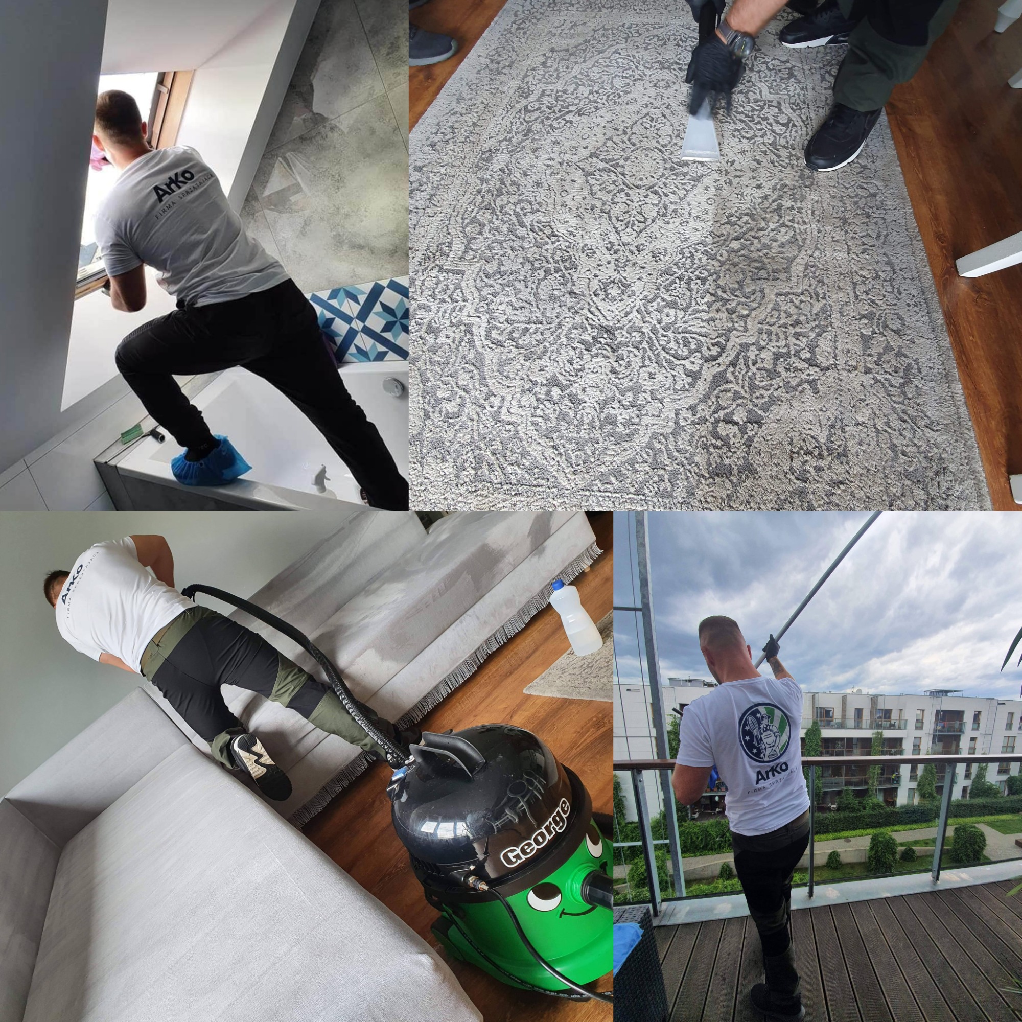 Montaż okna dachowego w łazience, czyszczenie dywanu ze wzorem, pranie narożnika tapicerskim odkurzaczem George, mycie okien na balkonie z użyciem lancy teleskopowej przez pracownika firmy Arko.