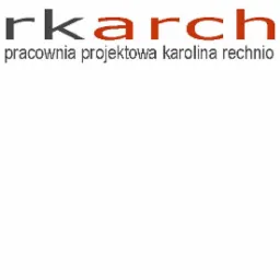 Logo pracowni projektowej rkarch karolina rechnio z napisem w kolorach szarym i czerwonym.