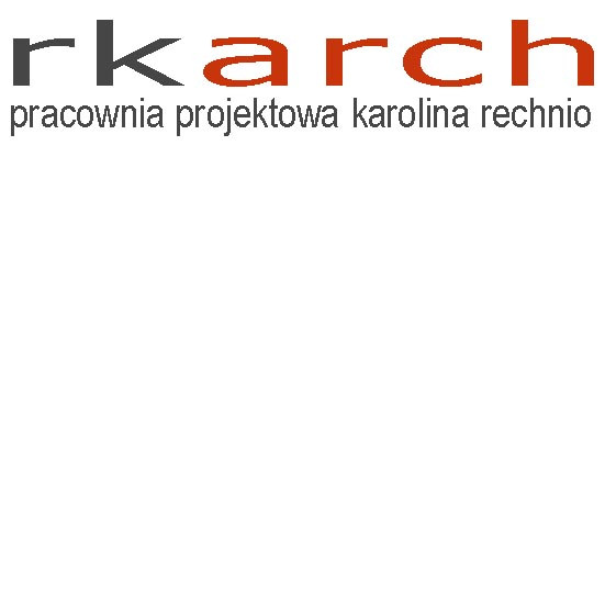 Logo pracowni projektowej rkarch karolina rechnio z napisem w kolorach szarym i czerwonym.