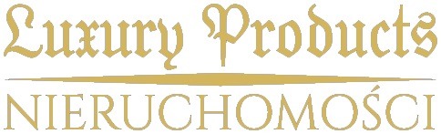 Złote logo firmy Luxury Products Nieruchomości na białym tle.