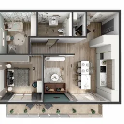 Rzut z góry na plan mieszkania z salonem z jadalnią, sypialnią, pokojem dziecka, łazienką i balkonem, ukazujący rozmieszczenie mebli i wyposażenia.