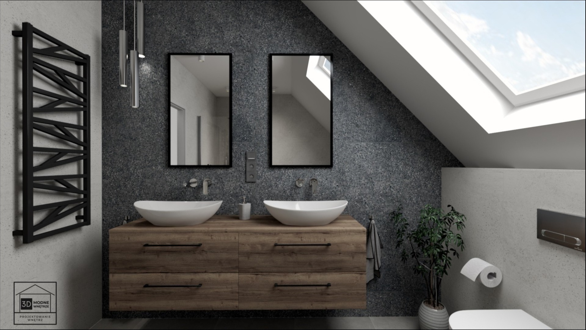 Wizualizacja łazienki na poddaszu z dwoma umywalkami nablatowymi, drewnianą szafką, grafitową ścianą, dwoma lustrami w czarnych ramach i grzejnikiem dekoracyjnym o geometrycznym wzorze po lewej...