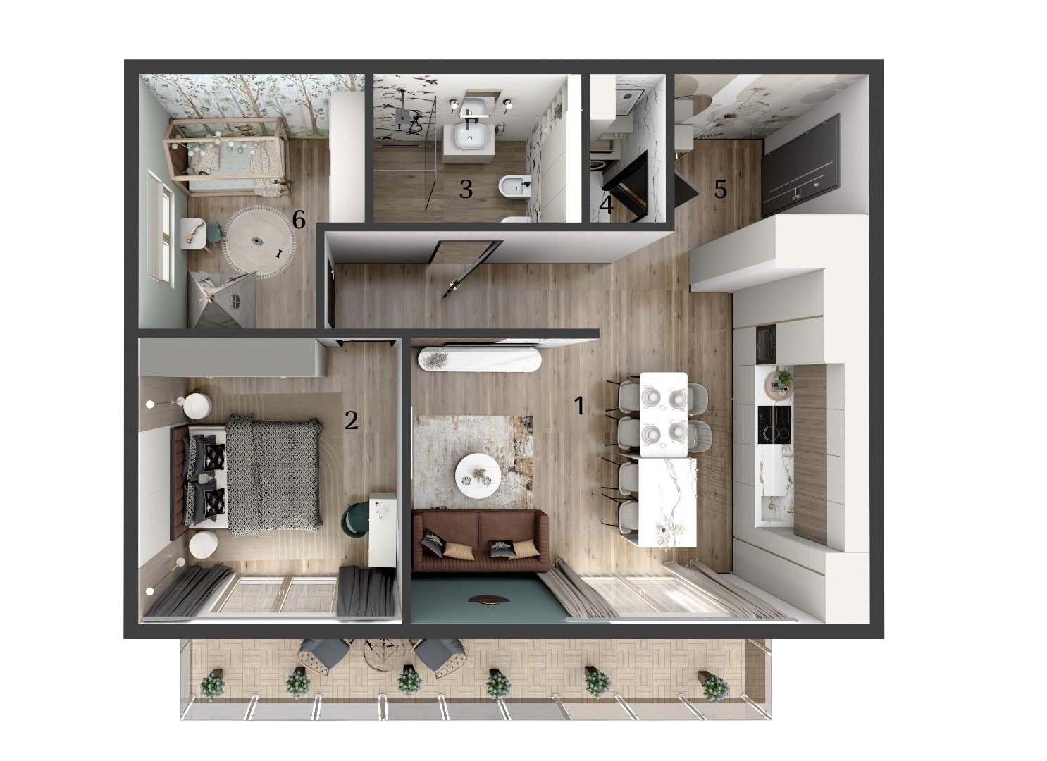 Rzut z góry na plan mieszkania z salonem z jadalnią, sypialnią, pokojem dziecka, łazienką i balkonem, ukazujący rozmieszczenie mebli i wyposażenia.