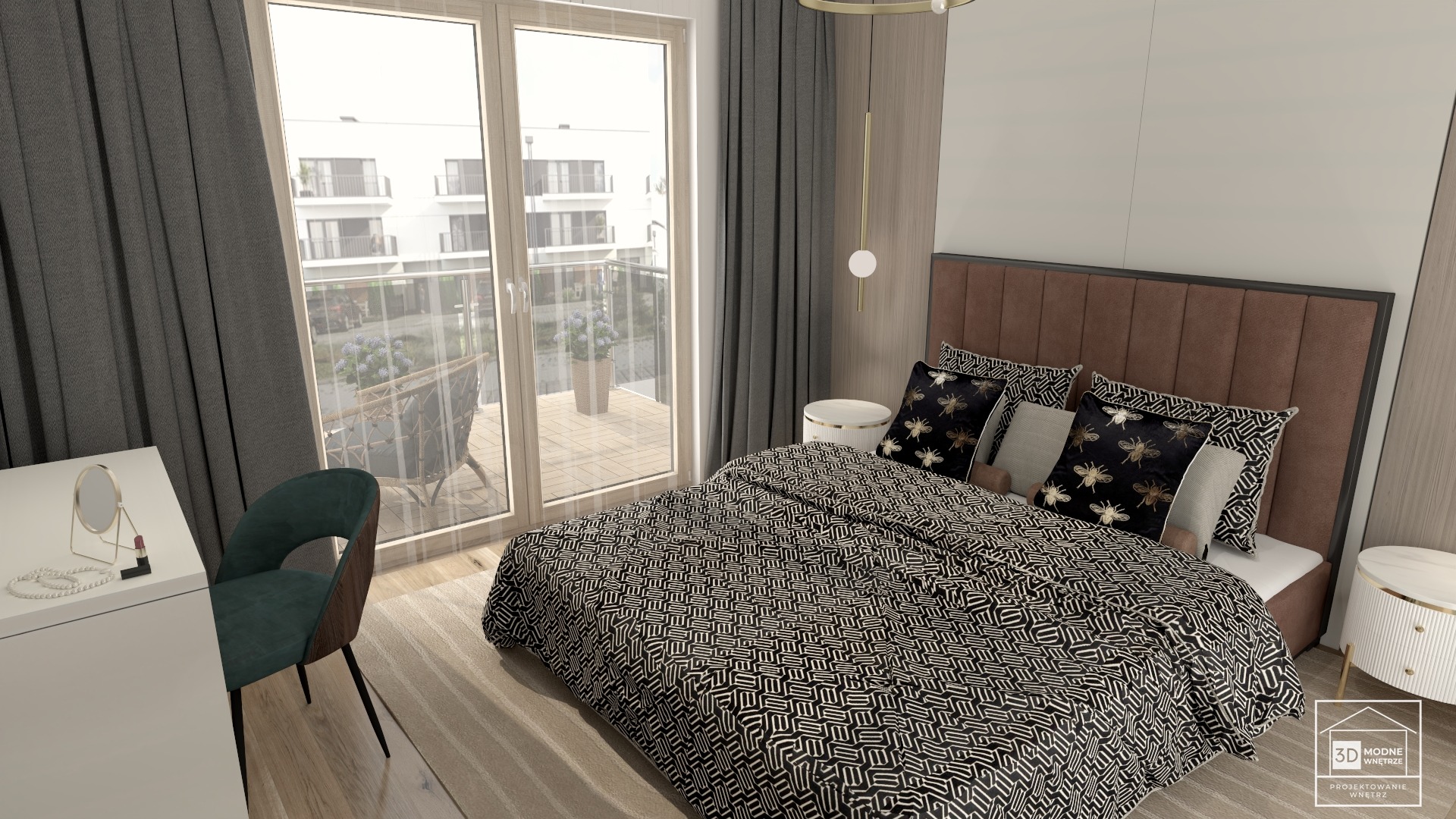 Wnętrze sypialni we Wrocławiu z łóżkiem z wzorzystą pościelą, poduszkami z motywem owadów i wyjściem na balkon z rattanowym fotelem.