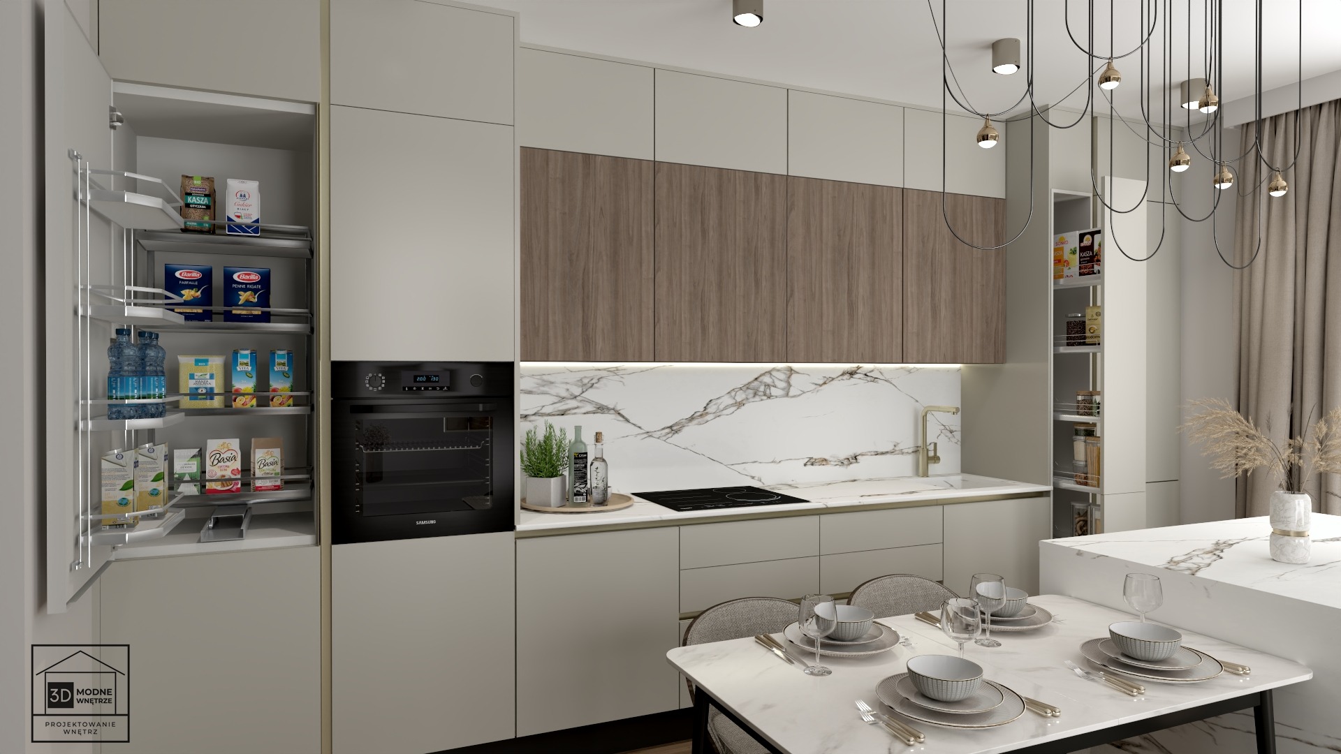 Nowoczesna kuchnia z marmurowym blatem, drewnianymi szafkami górnymi i wysuwaną szafką cargo wypełnioną produktami spożywczymi.