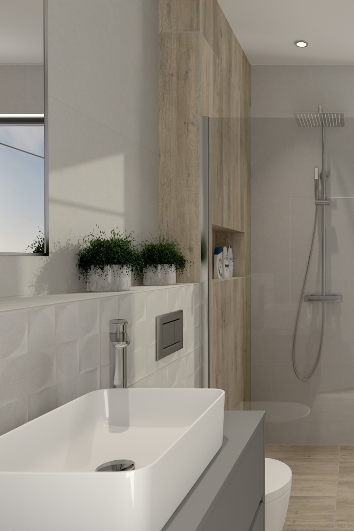 Nowoczesna łazienka z białą, prostokątną umywalką nablatową, chromowaną baterią, dekoracyjnymi białymi płytkami ściennymi z wypukłym wzorem, drewnopodobną zabudową prysznica z wnęką na kosmetyki...