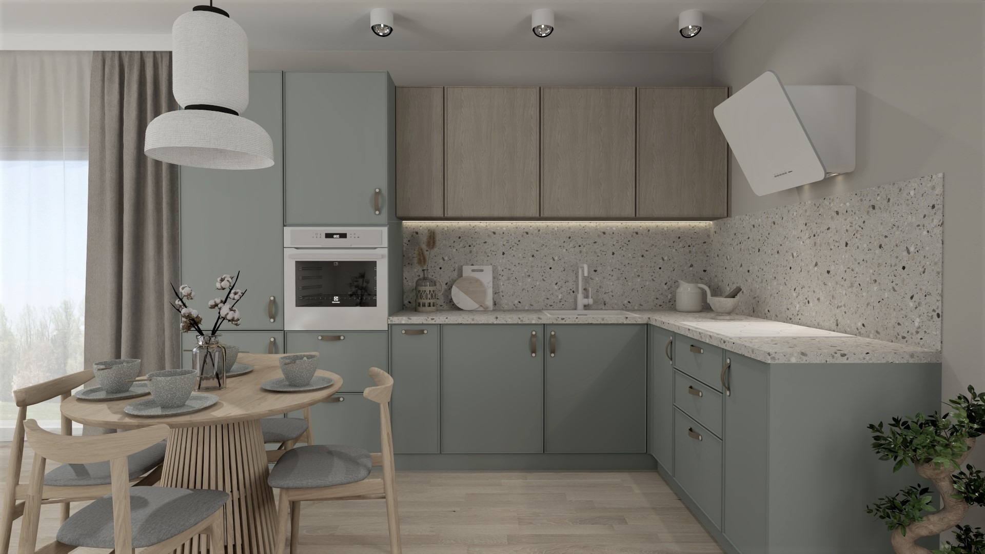 Wizualizacja kuchni w odcieniach szarości i zieleni z okrągłym stołem i krzesłami, wiszącą lampą i blatem w stylu lastryko.