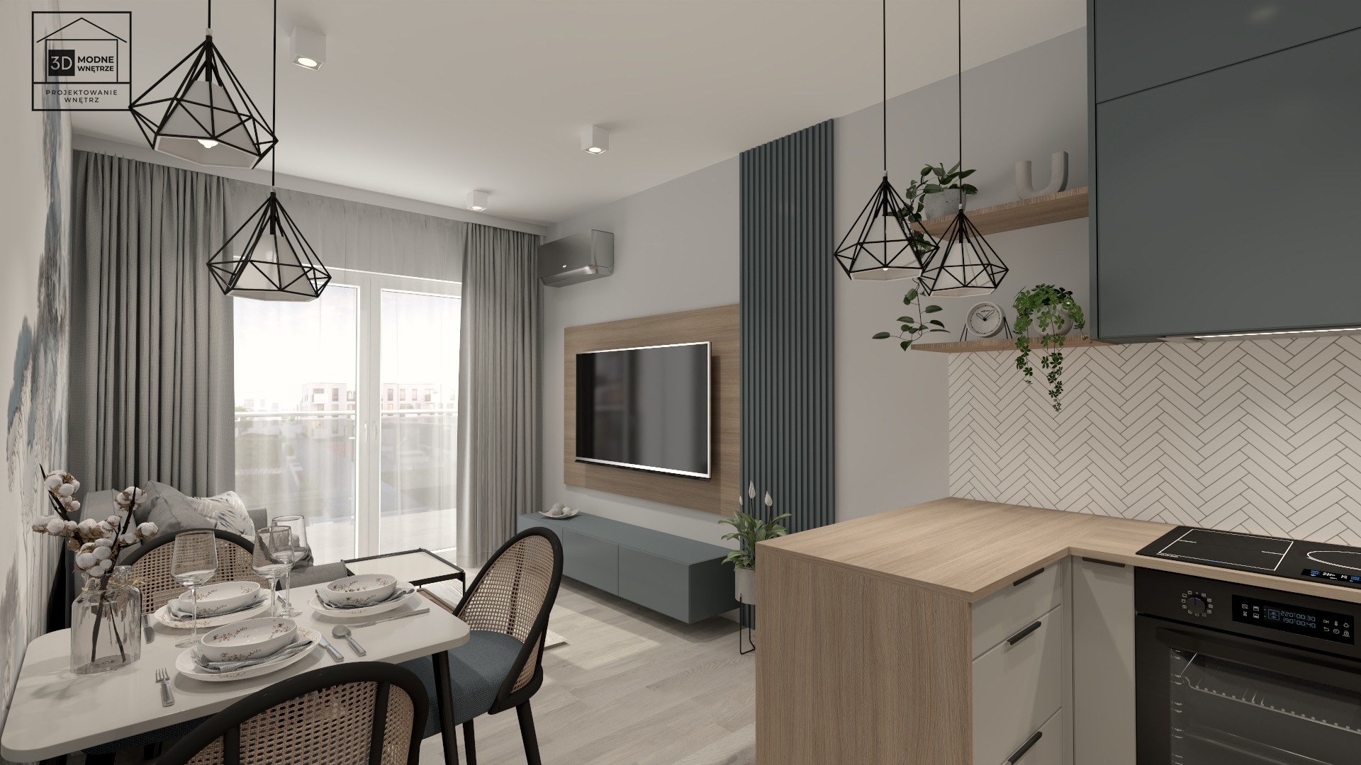 Wizualizacja salonu z aneksem kuchennym: stół z zastawą, telewizor na ścianie z drewnianym panelem, geometryczne lampy wiszące, biała cegiełka na ścianie nad blatem kuchennym.