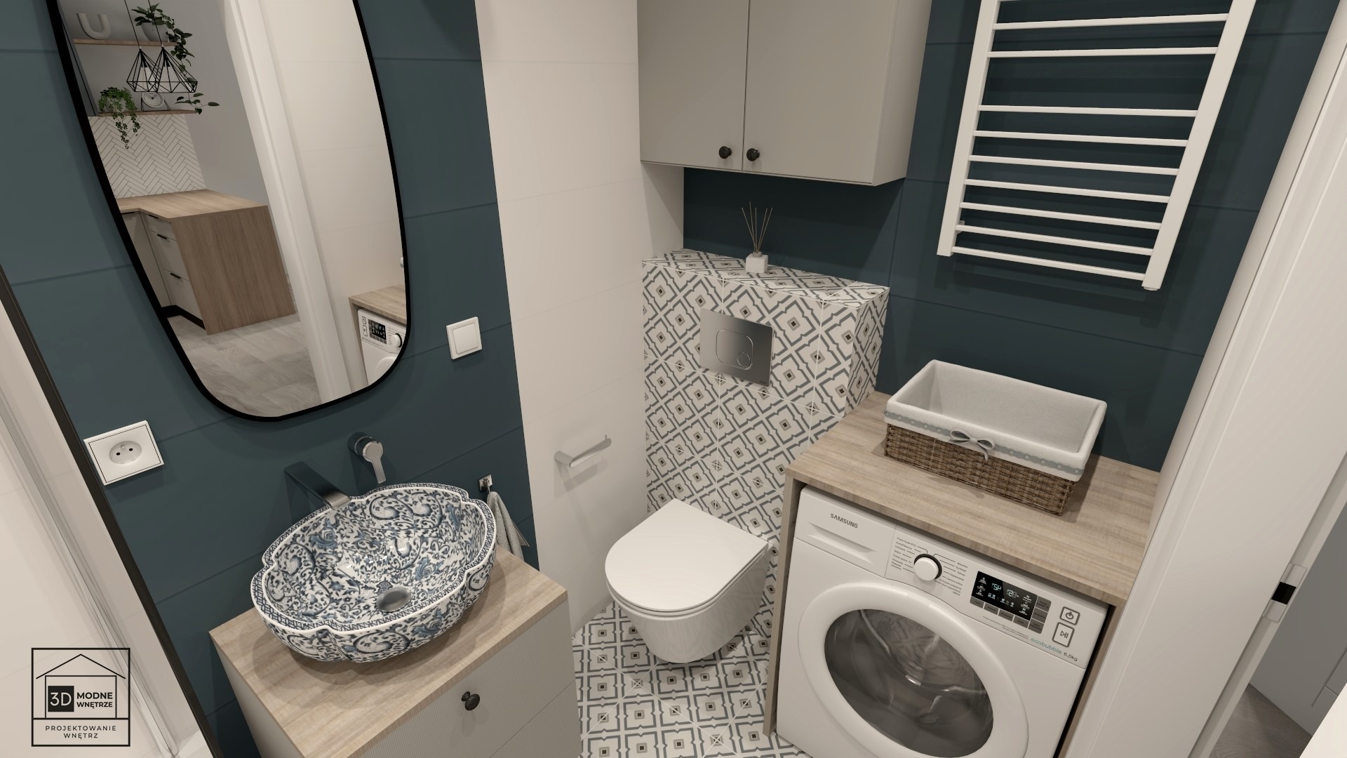 Wizualizacja łazienki z umywalką w stylu retro, toaletą, pralką i grzejnikiem drabinkowym na tle ściany w kolorze ciemnego turkusu oraz wzorzystych płytek.