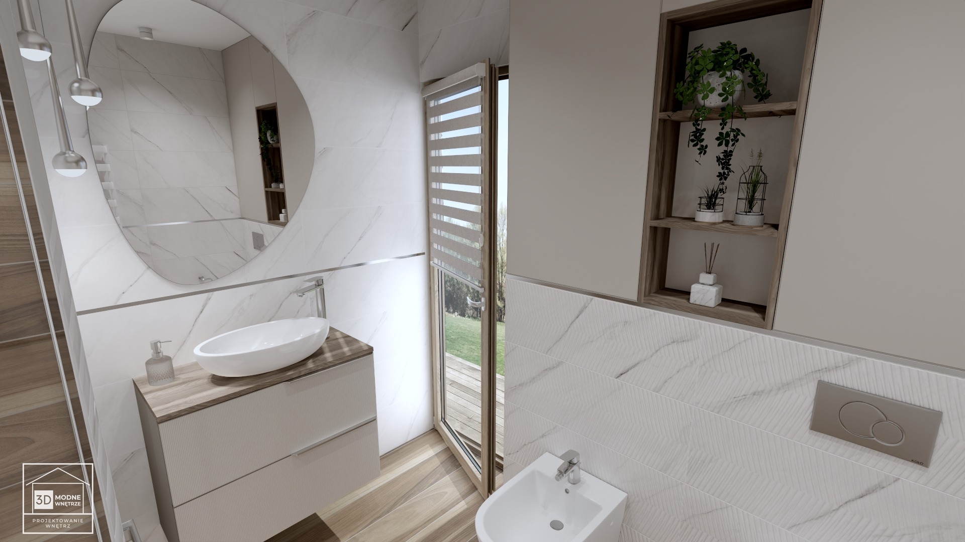 Nowoczesna łazienka z owalnym lustrem, białą umywalką nablatową na szafce z szufladami, bidetem i oknem z roletami dzień-noc, wykończona marmurowymi płytkami.