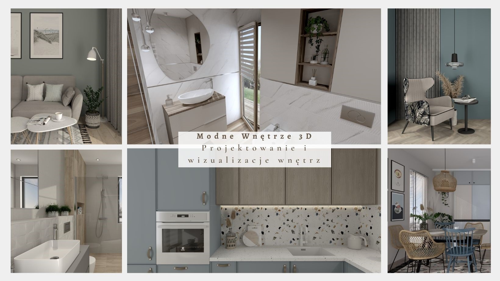 Wizualizacja 3D wnętrz: salon z szarą sofą, łazienka z okrągłym lustrem, kuchnia z niebieskimi szafkami i jadalnia z rattanowymi krzesłami, prezentowane w kolażu.