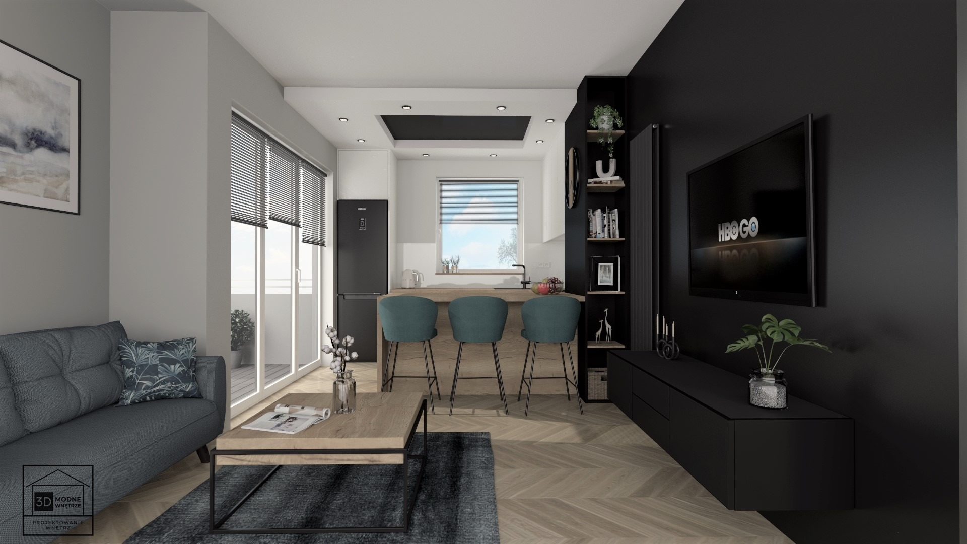 Wizualizacja salonu z aneksem kuchennym: szara sofa z wzorzystą poduszką, drewniany stolik kawowy, trzy turkusowe hokery przy drewnianym blacie, czarna ściana z telewizorem i półkami.