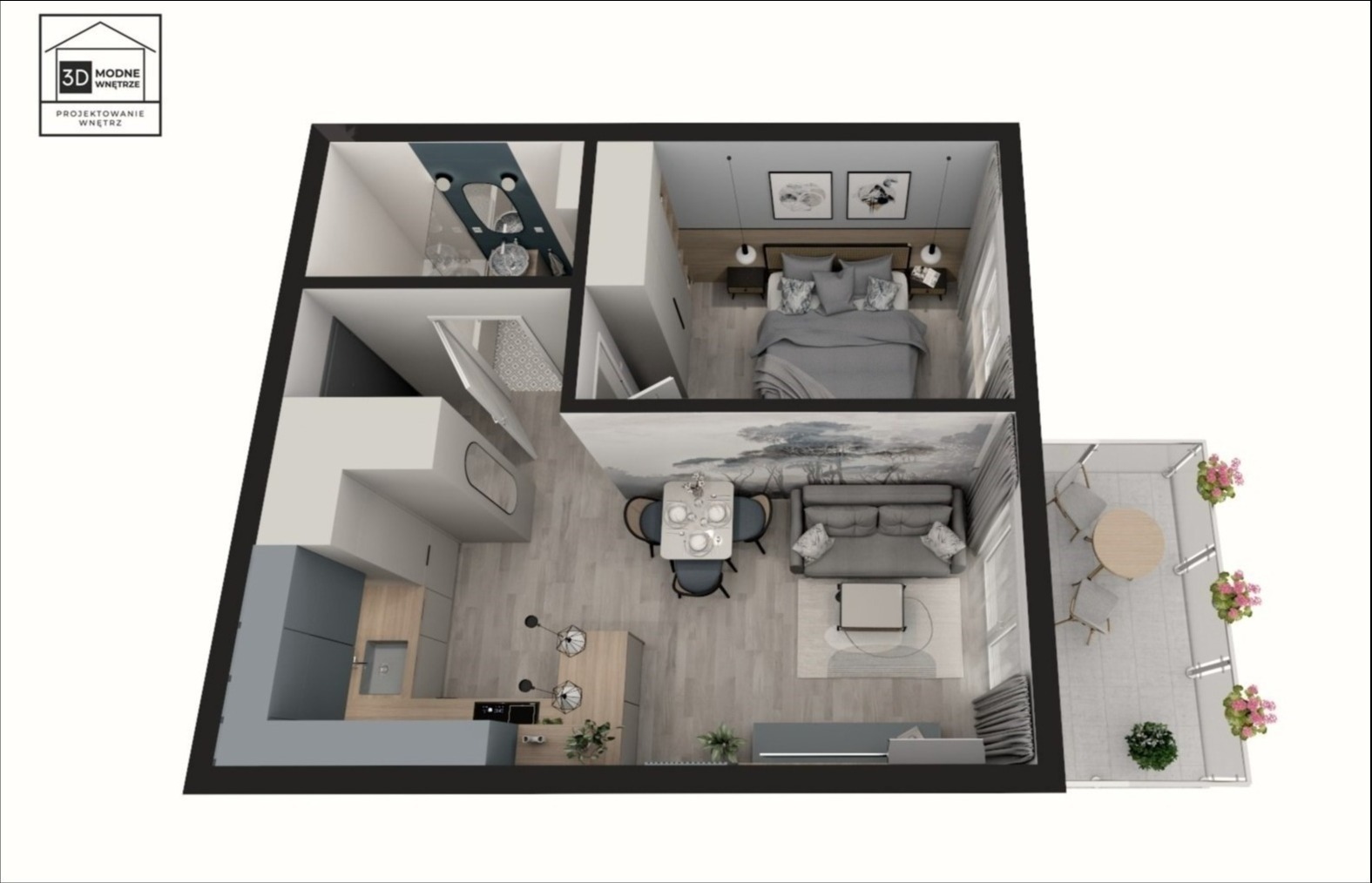 Rzut 3D mieszkania z balkonem, w neutralnej kolorystyce szarości i bieli, z widoczną kuchnią, łazienką, sypialnią i salonem z jadalnią, z dekoracyjnym motywem drzewa na ścianie