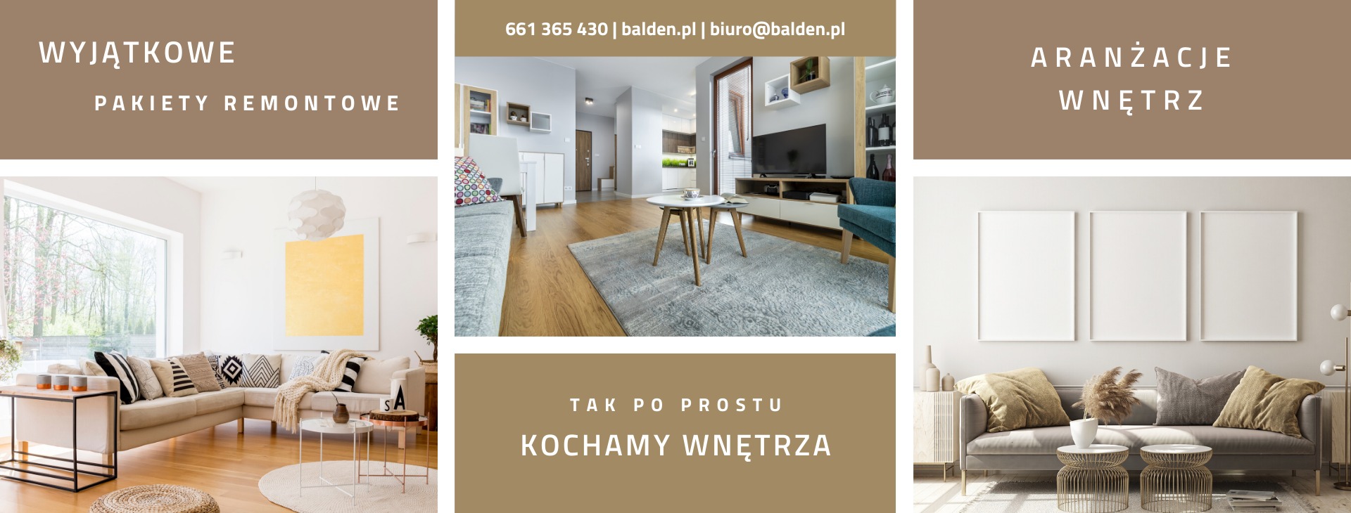 Kompozycja z trzech zdjęć przedstawiających aranżacje wnętrz: salon z narożną sofą i dużym oknem, pokój dzienny z szarą sofą i dywanem oraz salon z trzema pustymi ramkami na ścianie i szarą sofą.