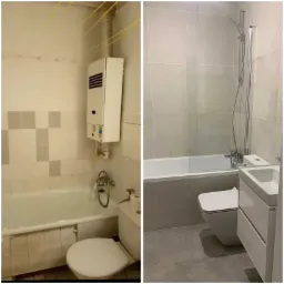 Zdjęcie przedstawia metamorfozę łazienki: po lewej stronie stara, zaniedbana łazienka z piecykiem gazowym, po prawej nowoczesna, wyremontowana łazienka z szarymi płytkami, nową armaturą...