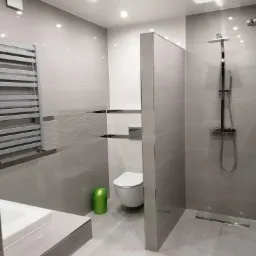 Nowoczesna łazienka w odcieniach szarości z kabiną prysznicową typu walk-in, grzejnikiem drabinkowym, umywalką z blatem i toaletą, oświetlona punktowymi lampami sufitowymi, z zielonym akcentem...