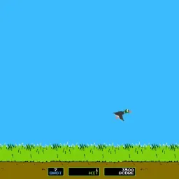 Grafika ekranu gry w stylu retro z latającą kaczką, zieloną trawą i błękitnym niebem, wskazująca na umiejętności programistyczne w tworzeniu prostych gier JavaScript.